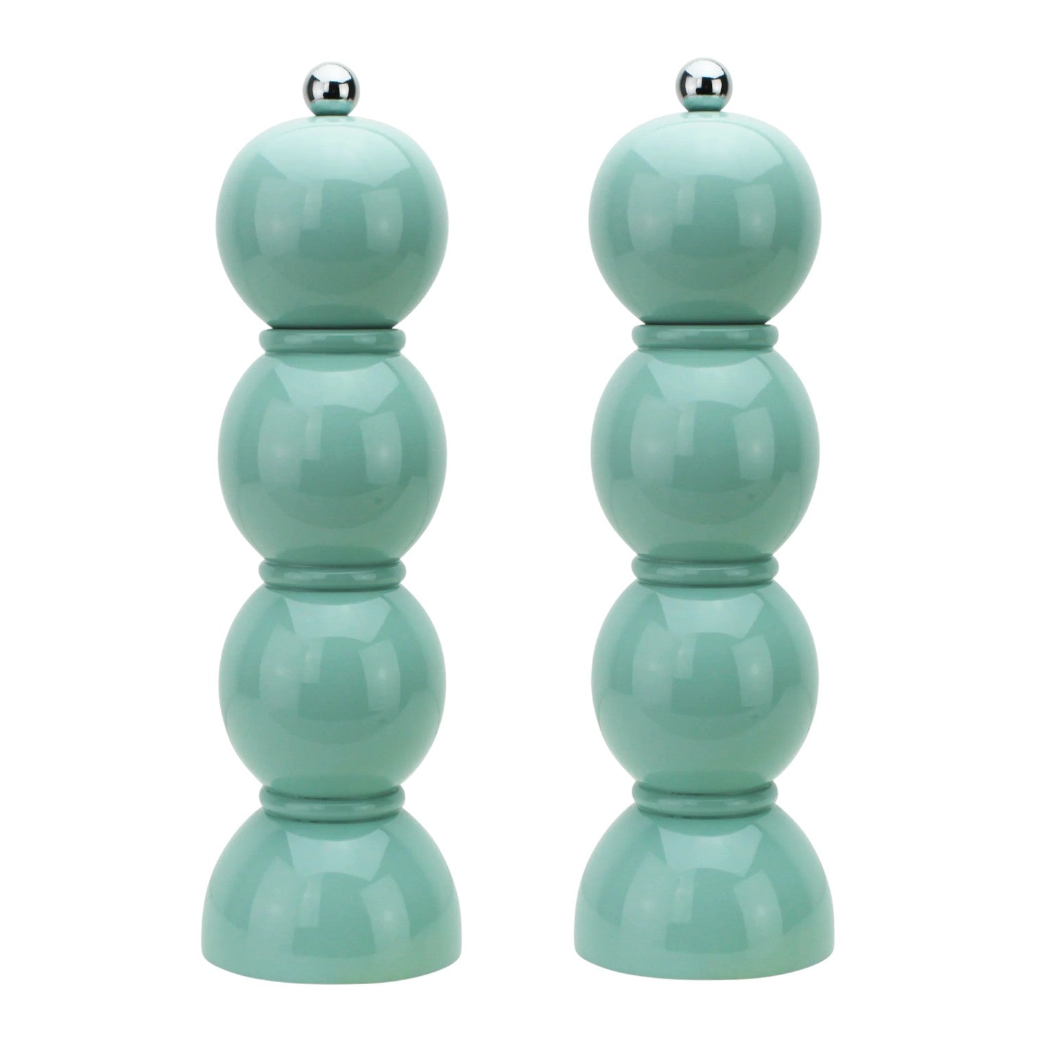 Hive’s Bobbin Salt & Pepper Grinder Set features glossy light blue-green lacquer, a rounded bobbin design, silver knobs, and durable ceramic grinders.