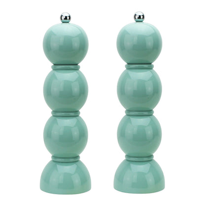 Hive’s Bobbin Salt & Pepper Grinder Set features glossy light blue-green lacquer, a rounded bobbin design, silver knobs, and durable ceramic grinders.