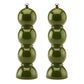 The Hive Bobbin Salt & Pepper Grinder Set features two glossy olive green mills with stacked spherical shapes, silver knobs, and ceramic grinders, shown side by side on a white background.