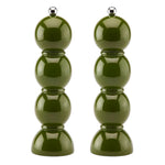 The Addison Ross Bobbin Salt & Pepper Grinder Set features glossy green, stackable mills with spherical segments, silver knobs, and durable ceramic grinders, displayed side by side on a white background.