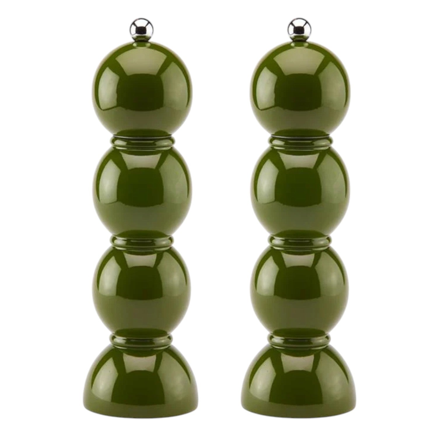 The Hive Bobbin Salt & Pepper Grinder Set features two glossy olive green mills with stacked spherical shapes, silver knobs, and ceramic grinders, shown side by side on a white background.