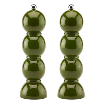 The Addison Ross Bobbin Salt & Pepper Grinder Set features glossy green, stackable mills with spherical segments, silver knobs, and durable ceramic grinders, displayed side by side on a white background.