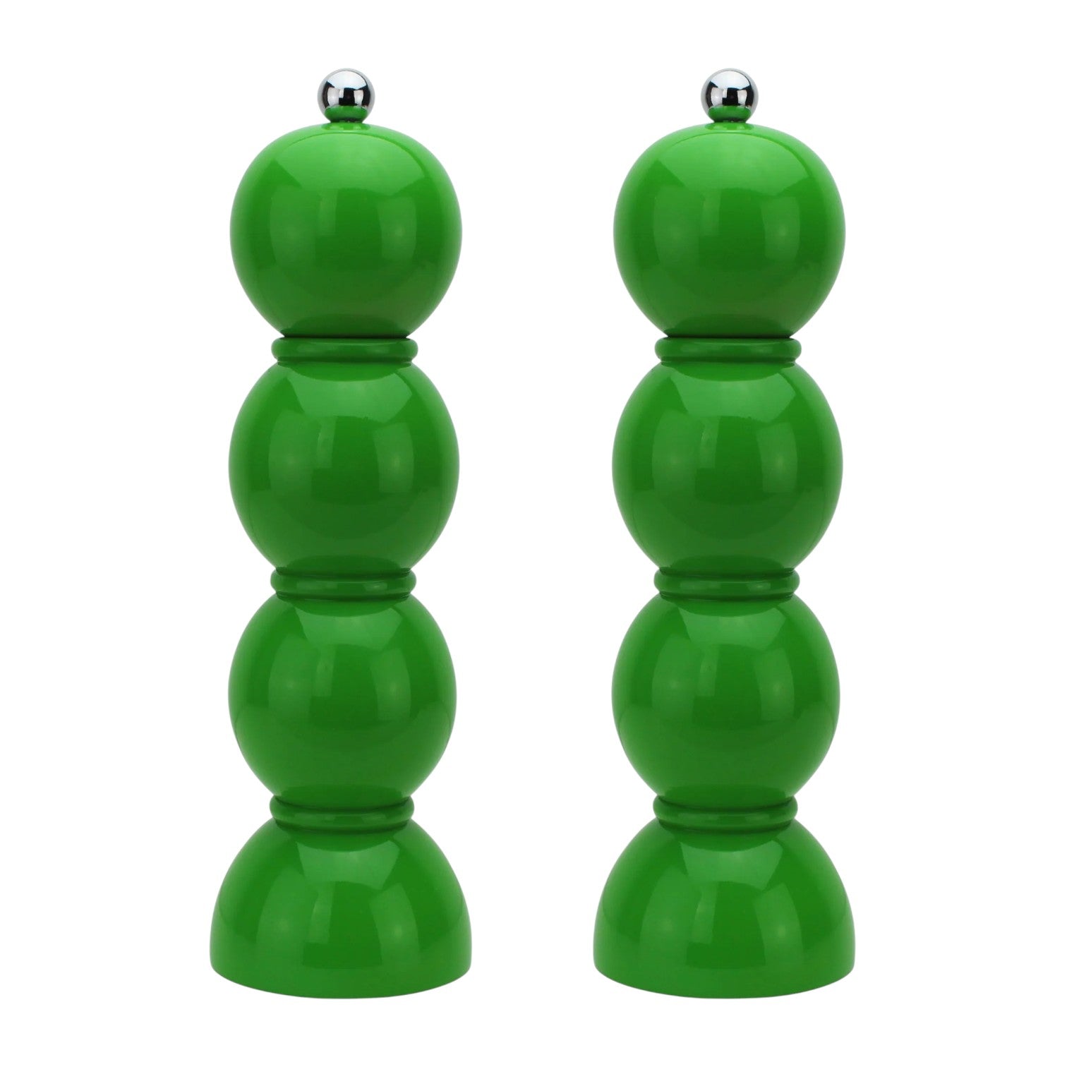 The Hive Bobbin Salt & Pepper Grinder Set features two identical glossy green mills with a stacked spherical design and silver knobs, standing upright on a white background.