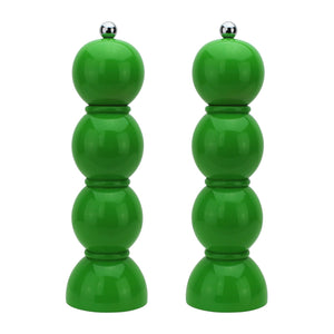 The Hive Bobbin Salt & Pepper Grinder Set features two identical glossy green mills with a stacked spherical design and silver knobs, standing upright on a white background.