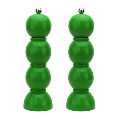 The Hive Bobbin Salt & Pepper Grinder Set features two identical glossy green mills with a stacked spherical design and silver knobs, standing upright on a white background.