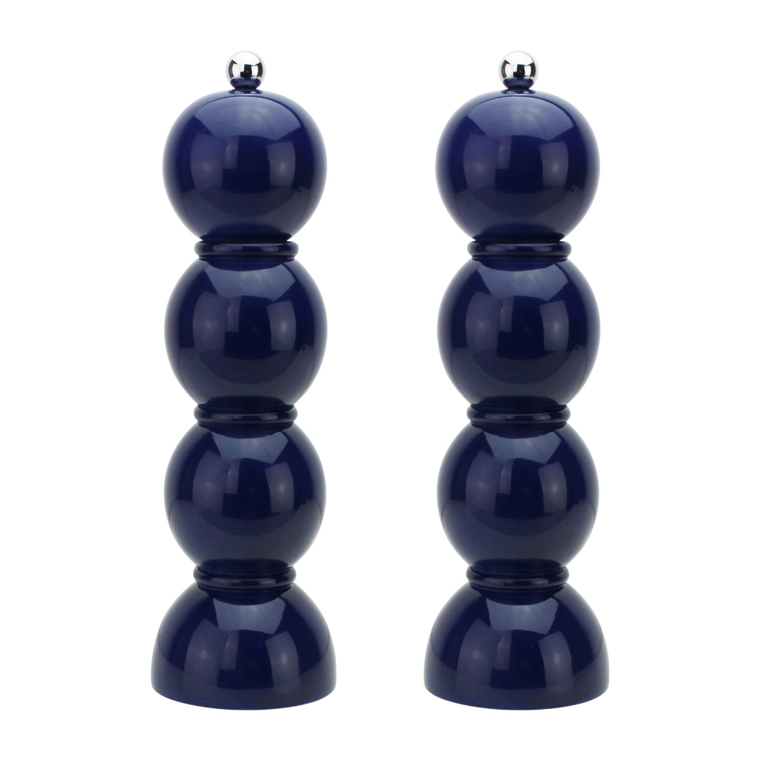The Hive Bobbin Salt & Pepper Grinder Set features glossy dark blue mills with silver knobs and ceramic grinders, displayed against a white background.