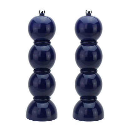 The Hive Bobbin Salt & Pepper Grinder Set features glossy dark blue mills with silver knobs and ceramic grinders, displayed against a white background.