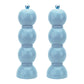 The Hive Bobbin Salt & Pepper Grinder Set features identical glossy light blue mills with stacked spherical shapes, metallic blue knobs, and durable ceramic grinders.