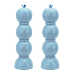 The Addison Ross Bobbin Salt & Pepper Grinder Set features two glossy, lacquered mills in light blue with durable ceramic grinders, displayed side by side against a white background.