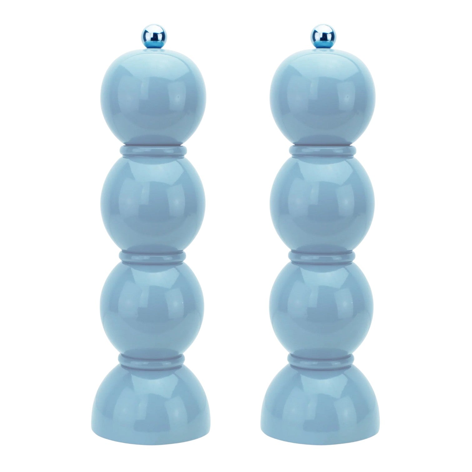 The Hive Bobbin Salt & Pepper Grinder Set features identical glossy light blue mills with stacked spherical shapes, metallic blue knobs, and durable ceramic grinders.