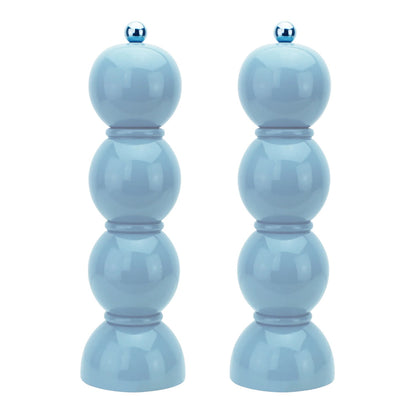 The Addison Ross Bobbin Salt & Pepper Grinder Set features two glossy, lacquered mills in light blue with durable ceramic grinders, displayed side by side against a white background.