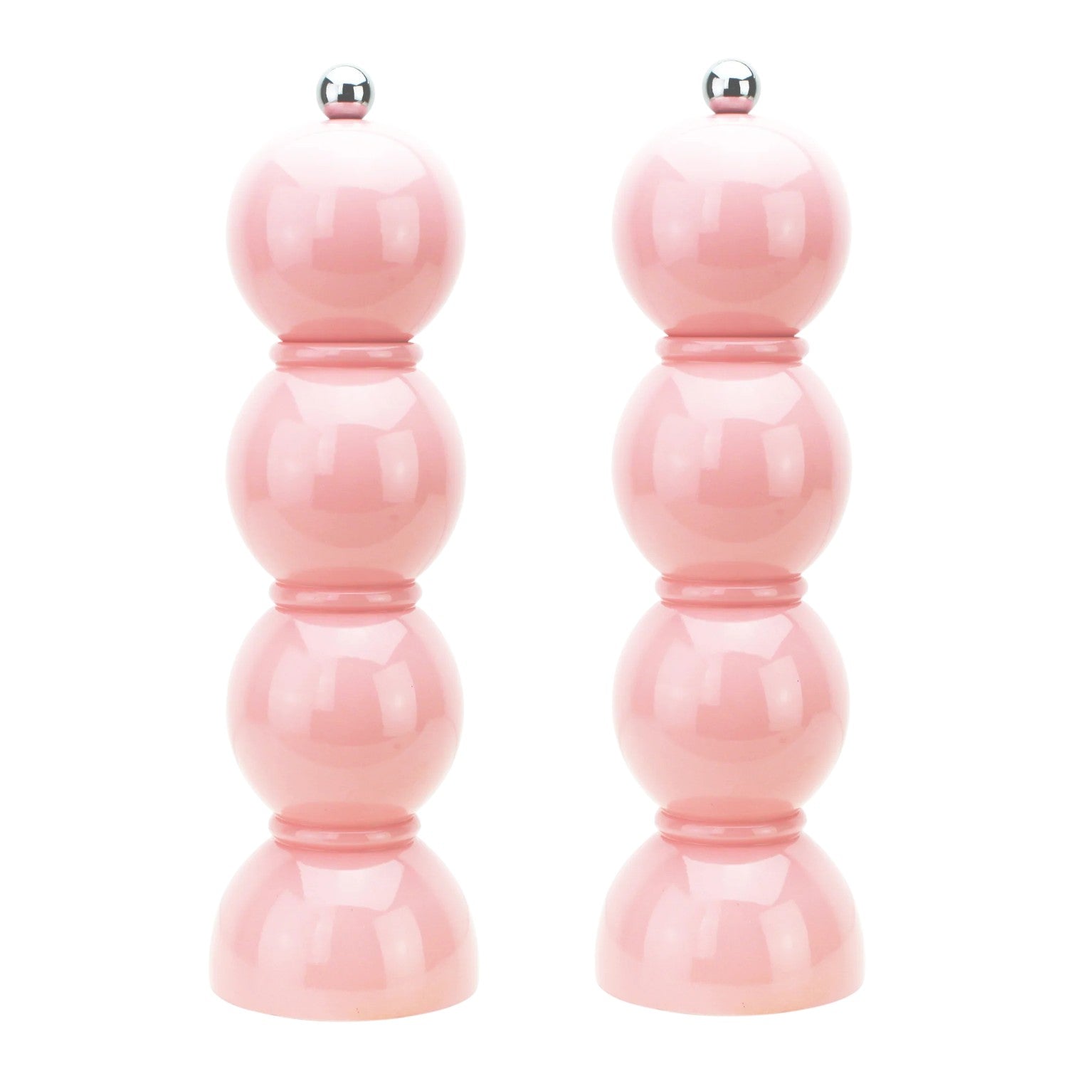 The Hive Bobbin Salt & Pepper Grinder Set features two glossy light pink lacquered mills with ceramic grinders and silver knobs, standing upright side by side.