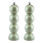 The Hive Bobbin Salt & Pepper Grinder Set features glossy, light green lacquered mills with rounded shapes, ceramic grinders, metallic top knobs, and a stackable design for easy storage.