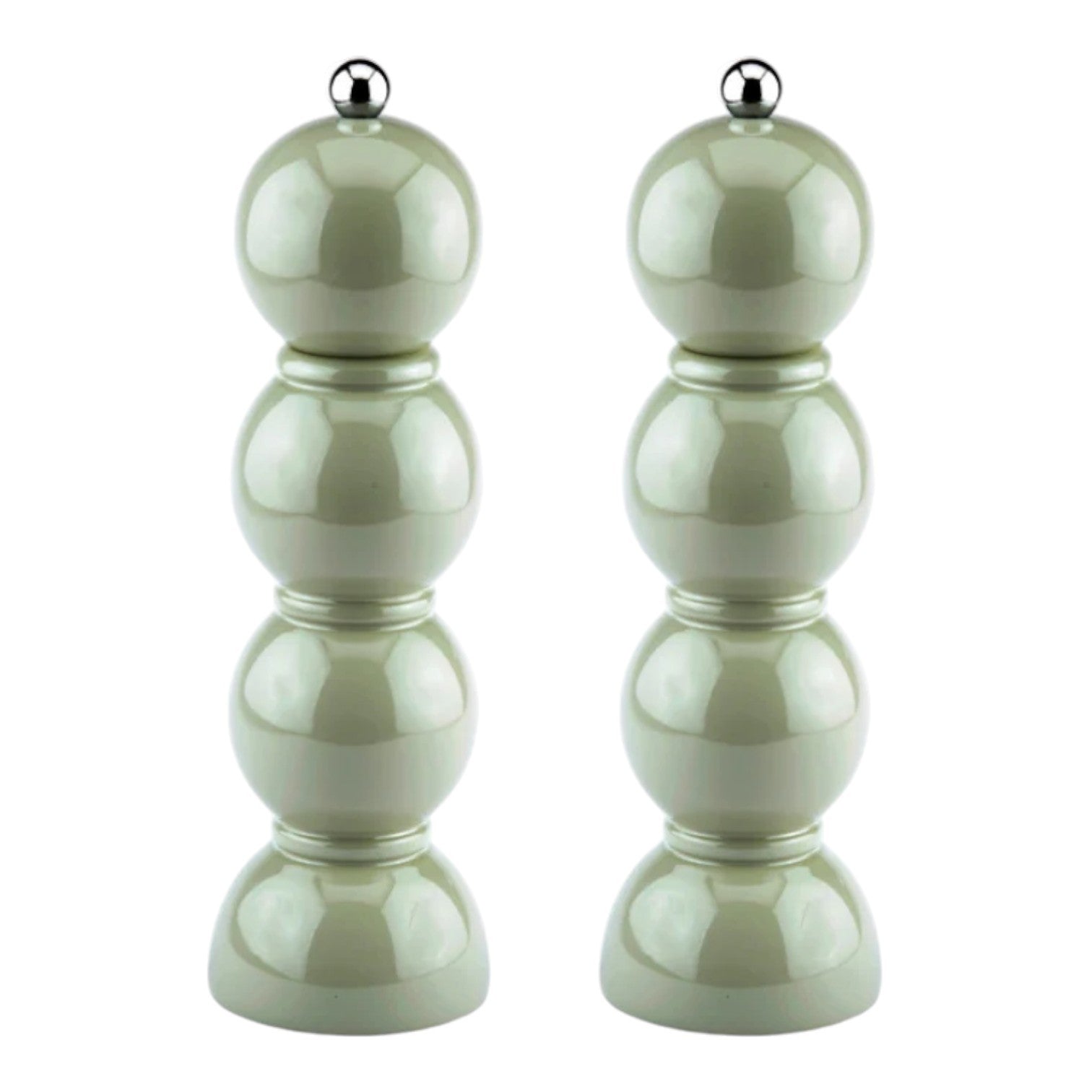 The Hive Bobbin Salt & Pepper Grinder Set features glossy, light green lacquered mills with rounded shapes, ceramic grinders, metallic top knobs, and a stackable design for easy storage.