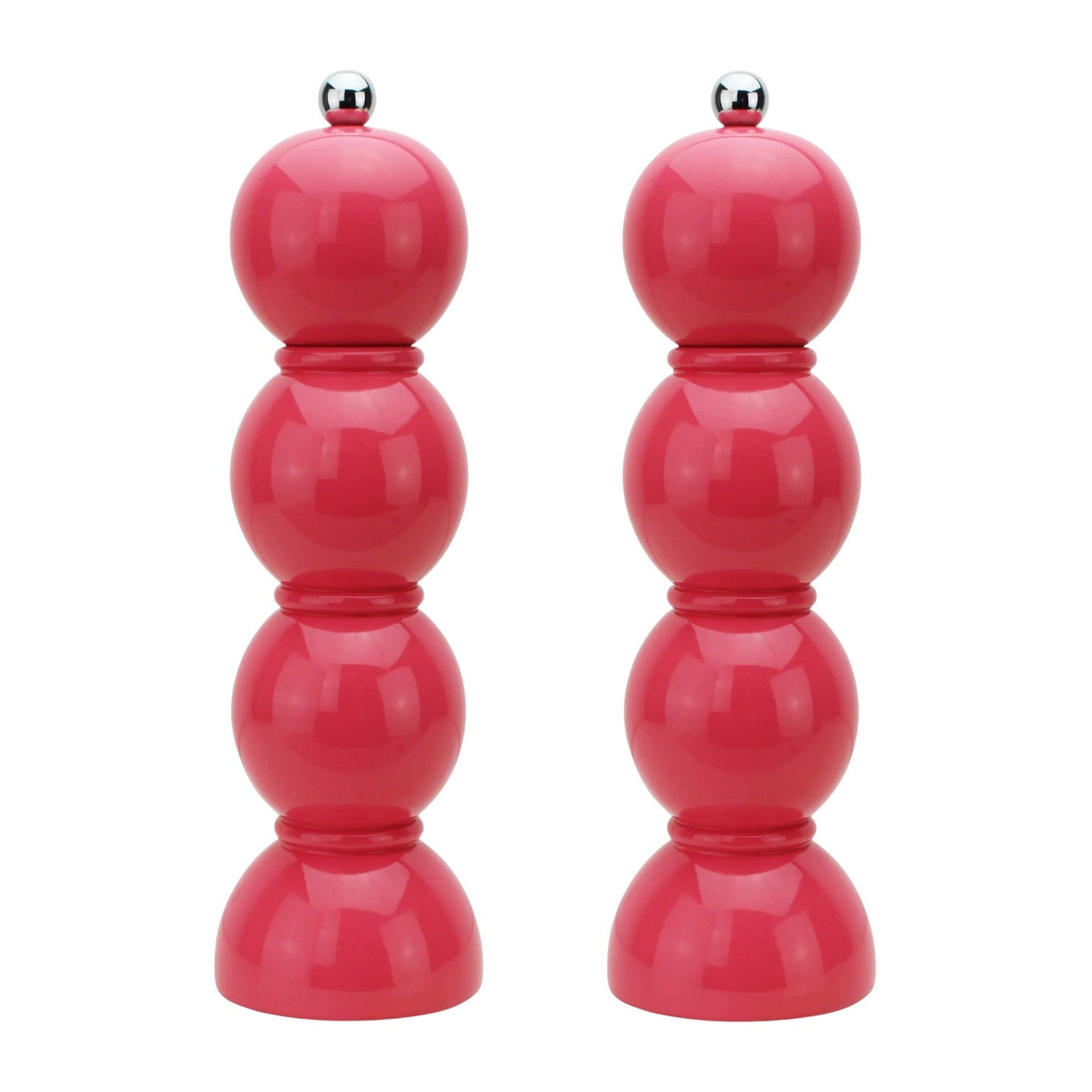 The Hive Bobbin Salt & Pepper Grinder Set features glossy red lacquered mills with ceramic grinders and silver knobs, shown side by side against a white background.