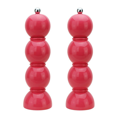 The Hive Bobbin Salt & Pepper Grinder Set features glossy red lacquered mills with ceramic grinders and silver knobs, shown side by side against a white background.