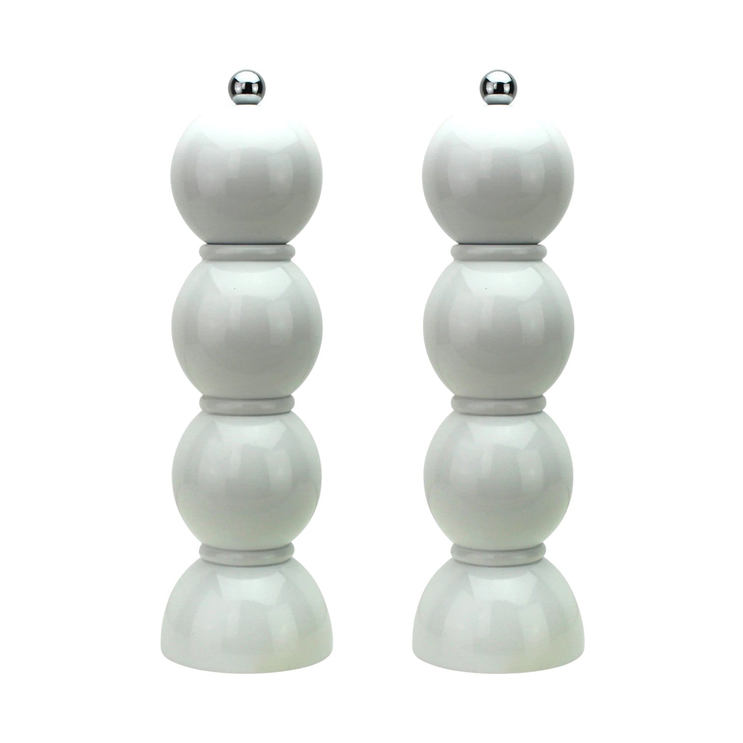 The Hive Bobbin Salt & Pepper Grinder Set features two white, modern mills with a stacked, spherical design, silver tops, and ceramic grinders, displayed side by side on a white background.