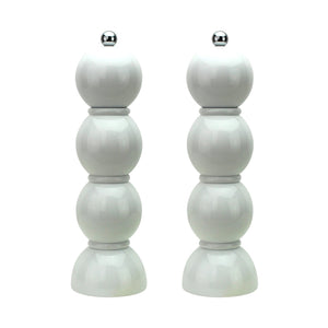 The Hive Bobbin Salt & Pepper Grinder Set features two white, modern mills with a stacked, spherical design, silver tops, and ceramic grinders, displayed side by side on a white background.