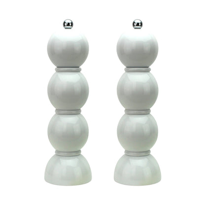 The Hive Bobbin Salt & Pepper Grinder Set features two white, modern mills with a stacked, spherical design, silver tops, and ceramic grinders, displayed side by side on a white background.