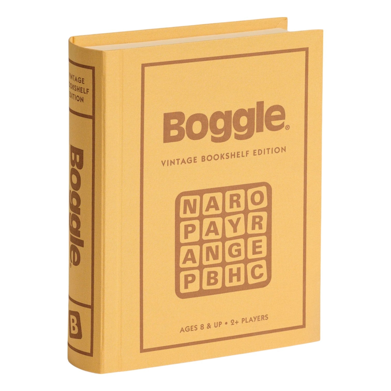 A yellow fabric-wrapped box resembling a book, labeled "Vintage Bookshelf Board Games" by WS Game Company, features a Boggle letter grid on the cover and evokes a classic board game from their Vintage Bookshelf Collection.