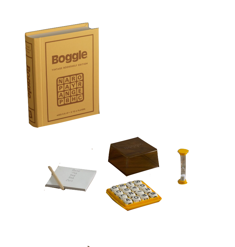 The WS Game Company Boggle Vintage Bookshelf Edition, reminiscent of the classic 1976 Parker Brothers game, includes letter dice, a grid, a sand timer, a notepad, and a pencil, all presented in a book-like box.