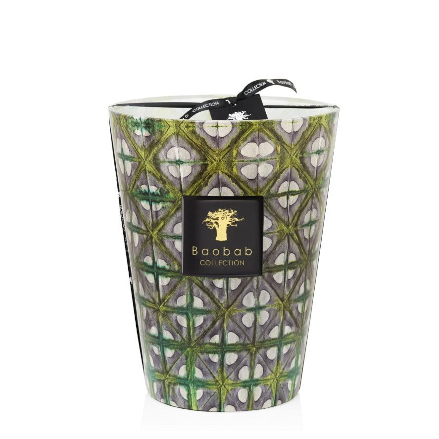 Decorative Baobab Bohomina Lazlo scented candle in a geometric patterned glass container with a black ribbon and Baobab brand logo.