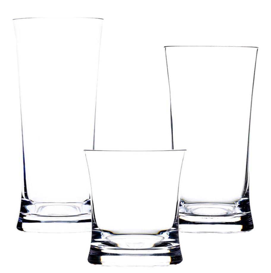 Three empty, clear acrylic tumblers of varying heights—featuring a modern design from the Reef Acrylic Drinkware Collection by Bold—are arranged side by side on a white background, reflecting the collection’s sophistication.