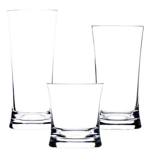 Three empty, clear acrylic tumblers of varying heights—featuring a modern design from the Reef Acrylic Drinkware Collection by Bold—are arranged side by side on a white background, reflecting the collection’s sophistication.