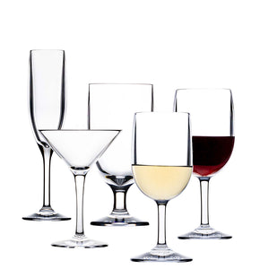 Five different Bold Revel Acrylic Drinkware Collection glasses, made from premium acrylic—two filled with wine (one red, one white) and three empty—are arranged on a white background.