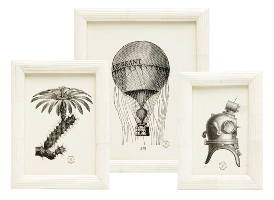 The Velden Frame Collection by Pigeon & Poodle showcases three black and white illustrations—a cactus, a hot air balloon, and a vintage diving helmet—each framed and detailed against a crisp white background.