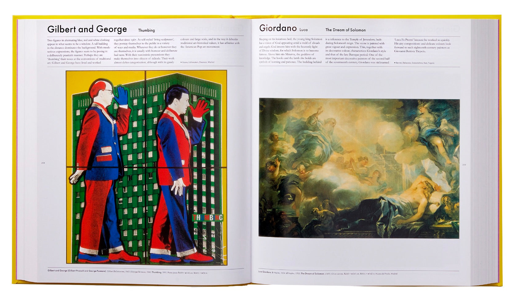An open Phaidon The Art Book displaying two pages with art: on the left, a colorful contemporary piece by Gilbert and George, and on the right, a classical painting titled "The Dream of Solomon" by Giorgia Delugan.