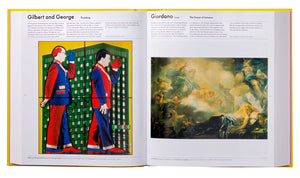 An open Phaidon The Art Book displaying two pages with art: on the left, a colorful contemporary piece by Gilbert and George, and on the right, a classical painting titled "The Dream of Solomon" by Giorgia Delugan.