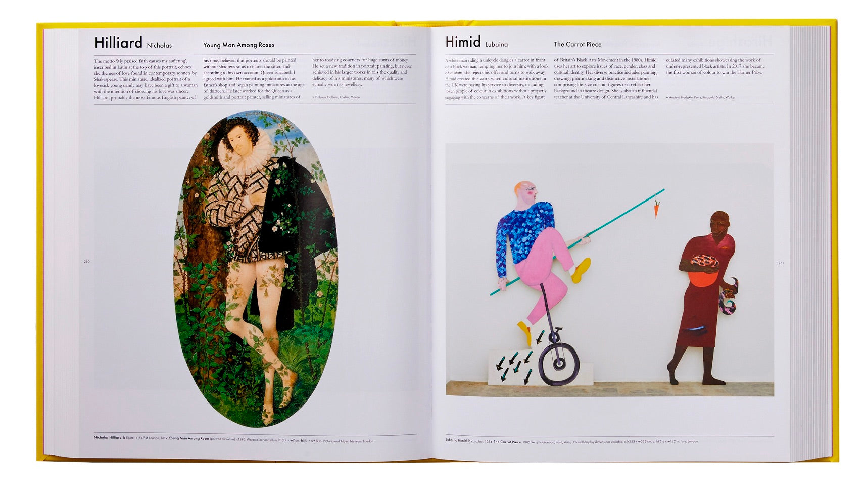 Open Phaidon The Art Book displaying pages with images of contemporary artists' artworks and accompanying text descriptions.