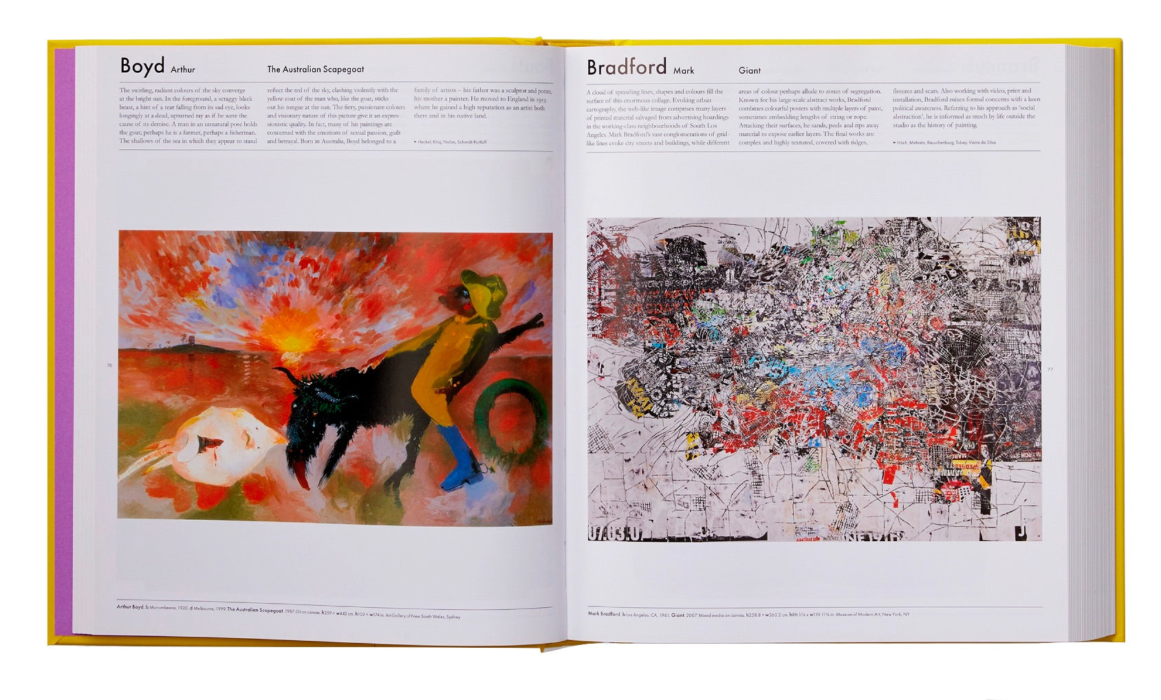 An open Phaidon The Art Book displaying two contemporary artists' abstract paintings across a double-page spread.