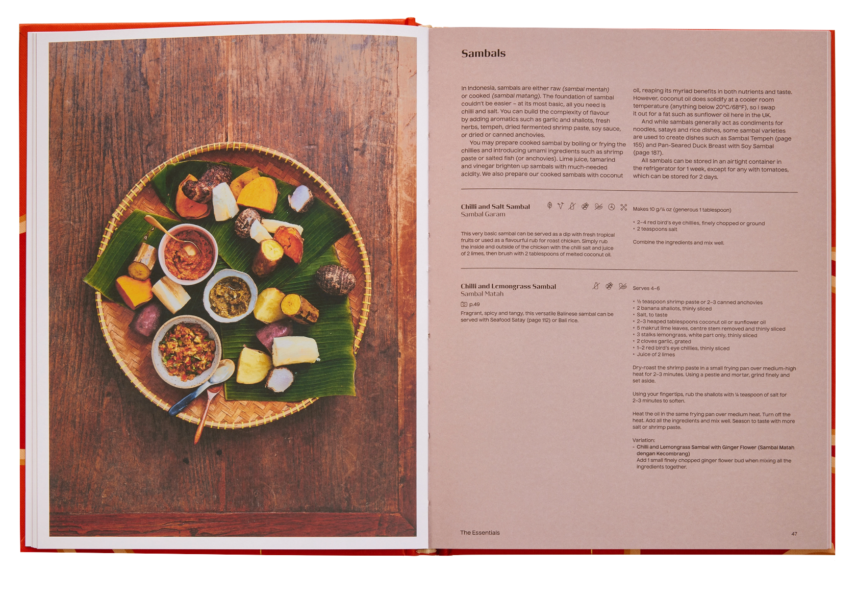Open Phaidon The Indonesian Table cookbook with a recipe for samoosas alongside an image of various ingredients and prepared samoosas on a leaf platter.