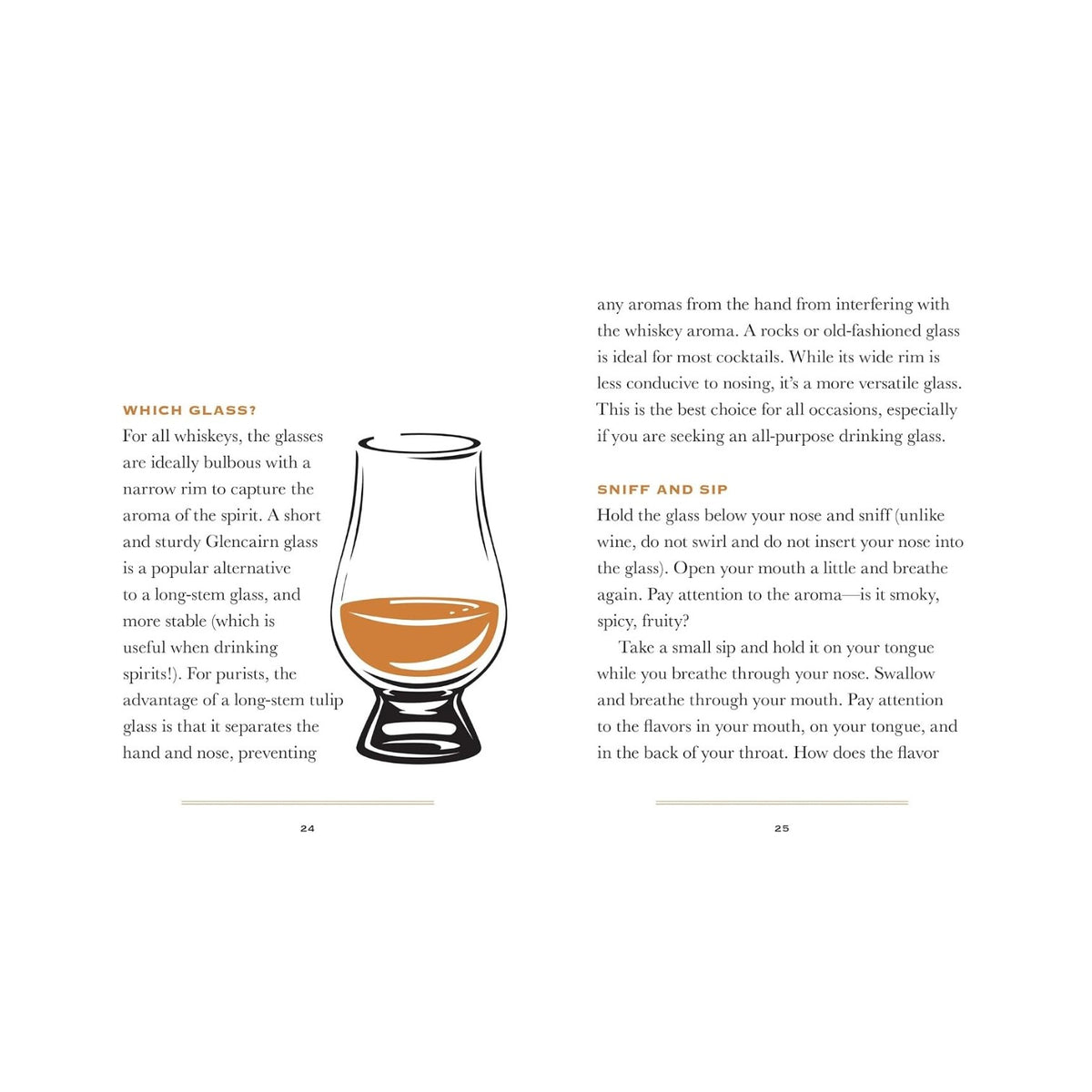 A detailed illustration of a whiskey glass is centered between two pages of engaging text from Simon & Schuster’s Little Book of Whiskey, guiding readers through choosing the perfect whiskey glass, providing expert tips on nosing and sipping, and sharing intriguing historical facts that delight enthusiasts.