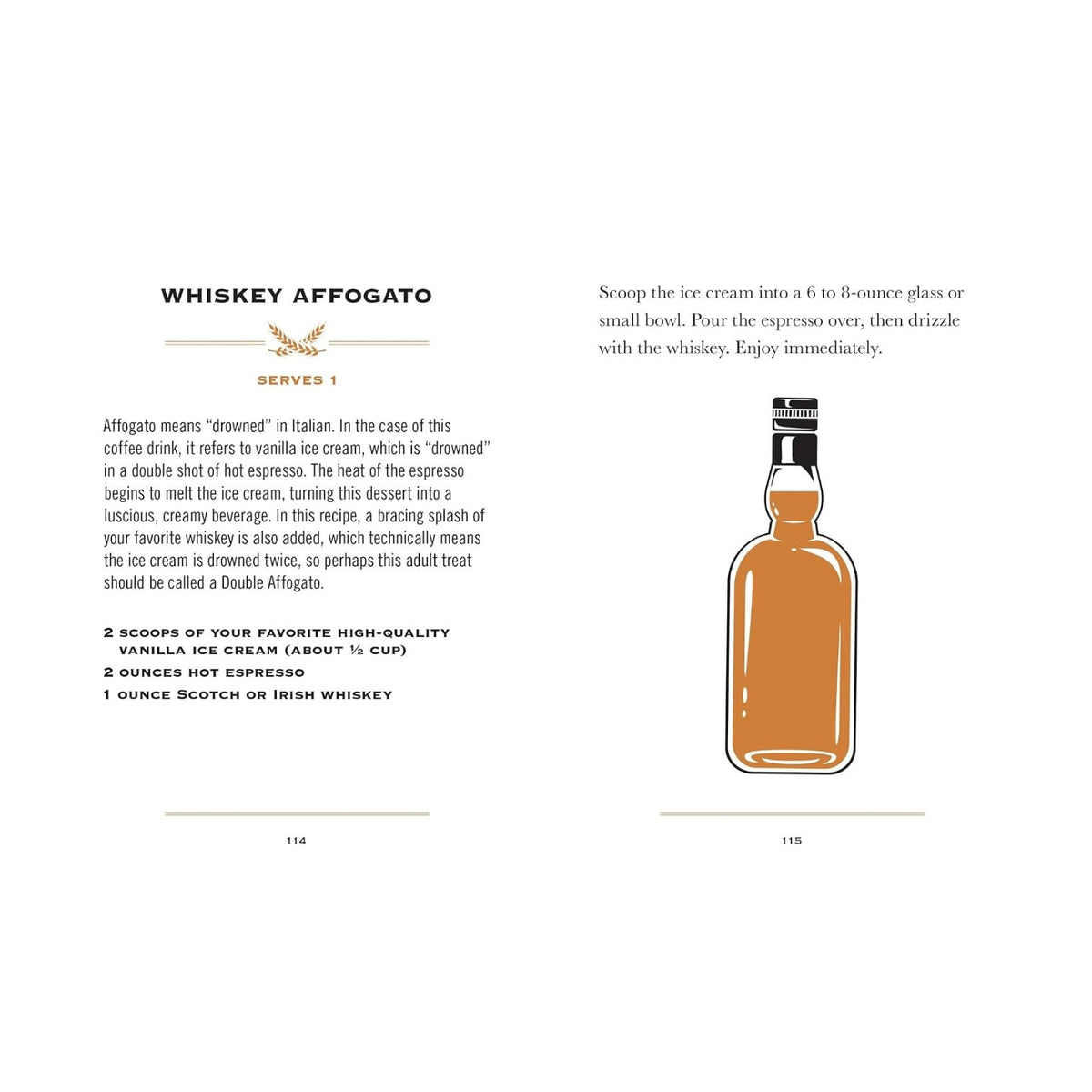 Two pages from Simon & Schuster’s Little Book of Whiskey feature a whiskey affogato recipe, complete with ingredients, step-by-step instructions, and an illustration of a whiskey bottle—one page presents the text while the other showcases the artwork—making it an ideal addition to any whiskey gift book collection for those who enjoy distinctive whiskey recipes.