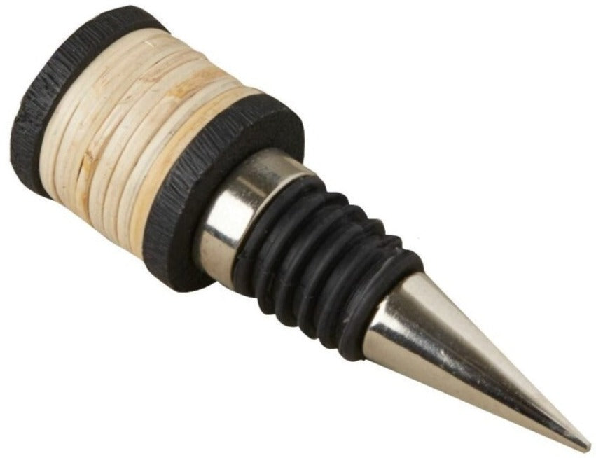 The Arendal Bar Collection wine stopper by Be Home features a pointed metal tip, black rubber seal, and layered black mango wood handle—an elegant addition for any master mixologist.