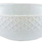 A white bowl from the Anna Weatherley Empire White Dinnerware Collection, featuring fine porcelain with a diamond textured exterior, smooth interior, and "Bowl" printed on the bottom right. Made in Portugal.