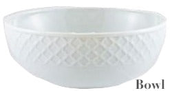 A white bowl from the Anna Weatherley Empire White Dinnerware Collection, featuring fine porcelain with a diamond textured exterior, smooth interior, and "Bowl" printed on the bottom right. Made in Portugal.