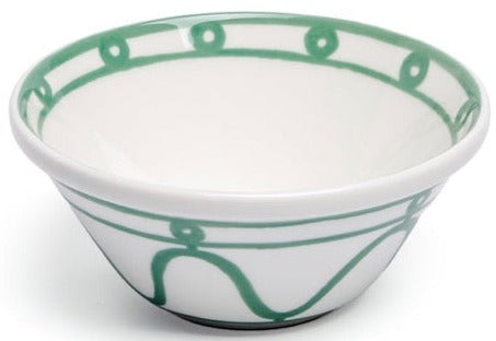 White ceramic bowl from the Serenity Green Dinnerware Collection by Themis Z, featuring a green line and circular rim pattern with a subtly flared, organic shape inspired by Themis Z tableware.