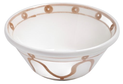 A white ceramic bowl with a light brown decorative pattern on the rim and exterior, featuring the handcrafted Themis Z Serenity Beige Collection by Themis Z.