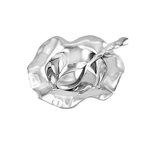 The Beatriz Ball Vento Bowl with Spoon features a shiny, wavy-edged metal bowl and a matching twisted-handle serving spoon, shown together on a white background.