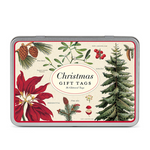 Christmas Botanica Gift Tags Tin featuring vintage-style botanical illustrations of poinsettias, pine trees, and holly with “Christmas GIFT TAGS 36 Glittered Tags” on a rectangular metal tin.