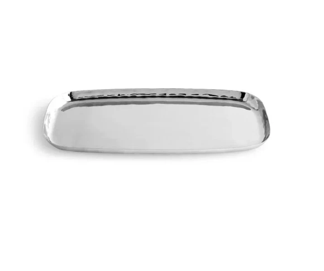 A rectangular, silver-toned metal serving tray with subtly raised edges sits on a white backdrop, crafted from polished stainless steel. Part of the Reflective Bath Collection by Michael Aram, this elegant piece is ideal for organizing bathroom countertop accessories with sophisticated style.