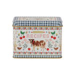 The Rifle Paper Co. Home Sweet Home Collection tin recipe box features a blue gingham lid, floral border, and farm animal accents—a charming farmhouse decor piece with "RECIPES" on the front to add vintage style to your kitchen.