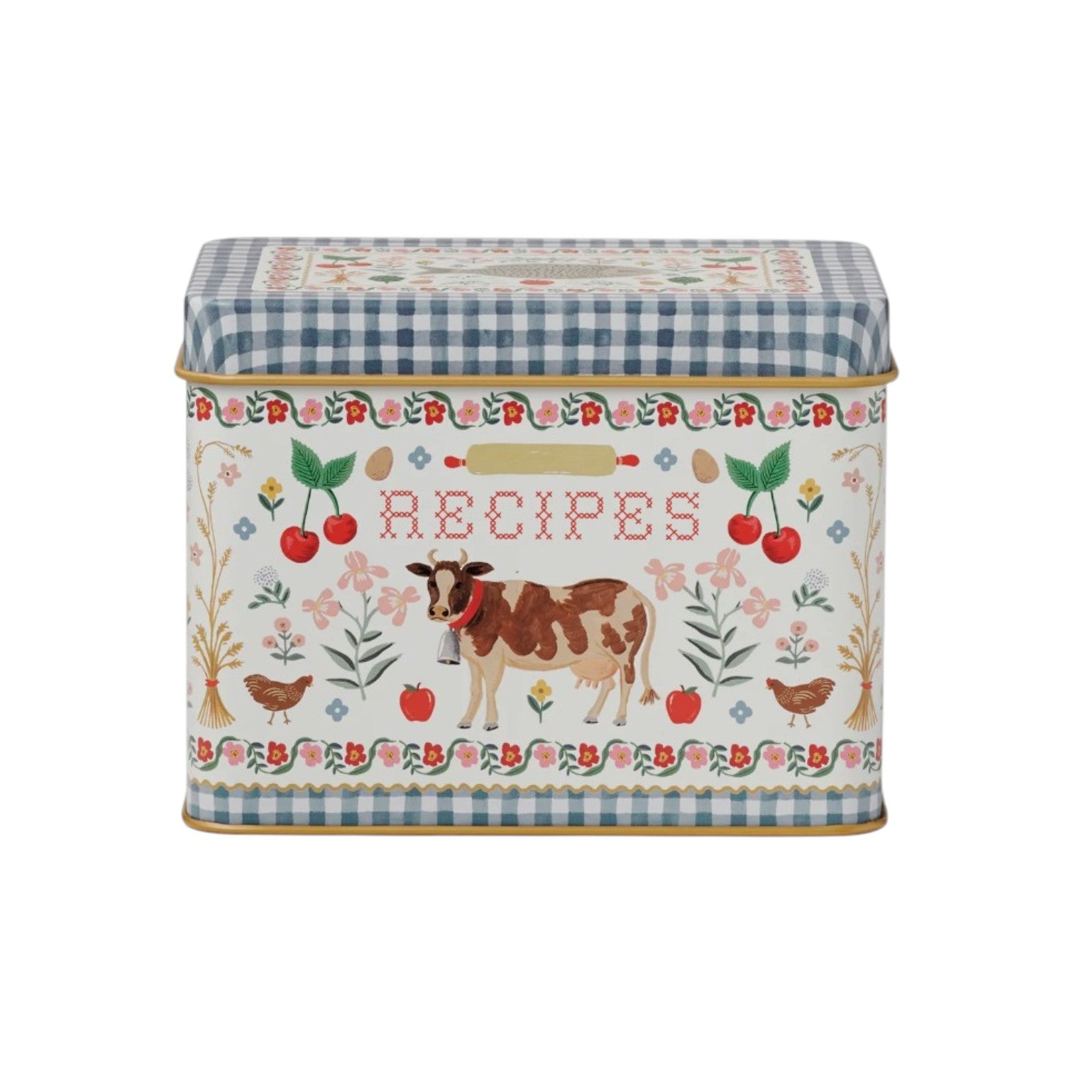 The Rifle Paper Co. Home Sweet Home Collection tin recipe box features a blue gingham lid, floral border, and farm animal accents—a charming farmhouse decor piece with "RECIPES" on the front to add vintage style to your kitchen.