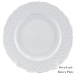 The Empire White Dinnerware Collection by Anna Weatherley features a white porcelain bread and butter plate with a textured lattice-patterned rim. "Bread and Butter Plate" appears in the bottom right corner. Made in Portugal.