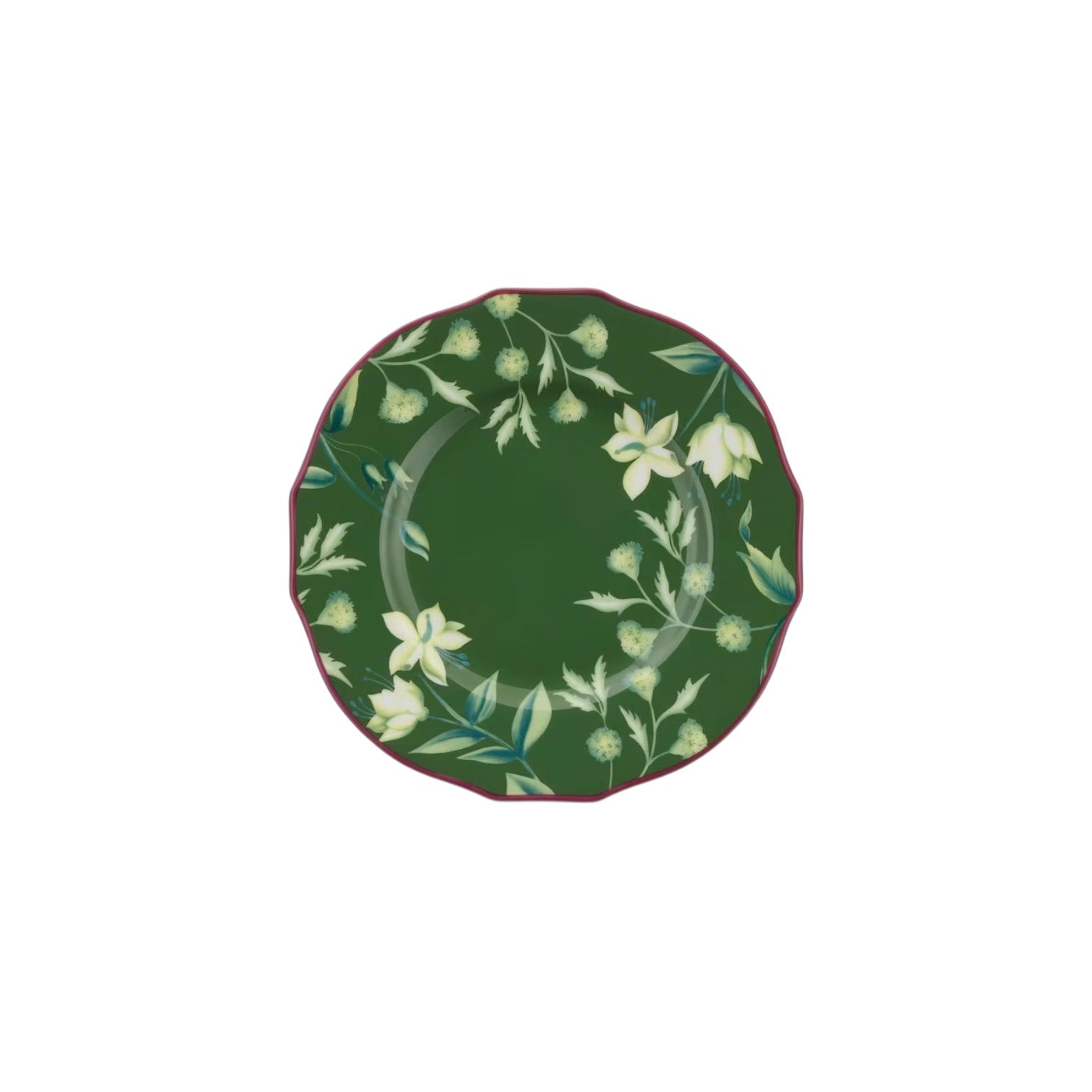 A round, green plate with scalloped edges from the Ginori 1735 Florenza Impero Dinnerware Collection, crafted from fine Italian porcelain and featuring white flowers and green leaves along the border.