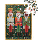 A partially assembled Nutcracker Brigade Puzzle by Riffle Paper Co. shows three festive nutcrackers, with loose pieces scattered above the incomplete upper right corner.